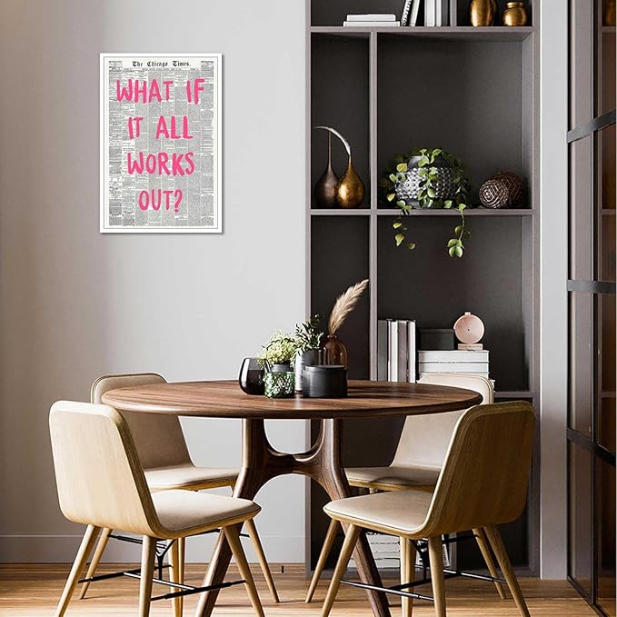 Drimiler What If It All Works Out Poster Retro Newspaper Pink Font Canvas Wall Art Positive Affirming Quote Minimalist Prints Painting For Home Bedroom Dorm Wall Decor 12x18in Unframed