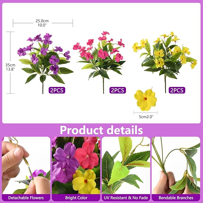 Artificial Fake Flowers for Outdoor, 6 Bundles UV Resistant Faux Plants Decoration Silk Flowers No Fade Plastic Flowers for Outside Planters Home Porch Patio Yard Garden Decor