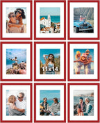 Vittanly 11x14 Picture Frames Set of 9, Shatter Resistant Plexiglass, Display 8x10 Pictures with Mat or 11x14 without Mat, Photo Frames for Wall or Tabletop, Engineered Wood, Red