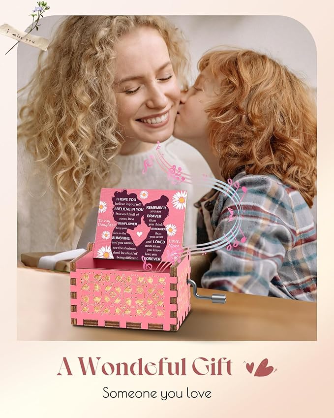 Swooflia Mother's Day Wooden Music Box for Daughter - Hand Crank Engraved Musical Box Vintage Mechanism Personalized Gifts for Mom Aunt Niece Granddaughter Grandma Friend Jesus On Birthday