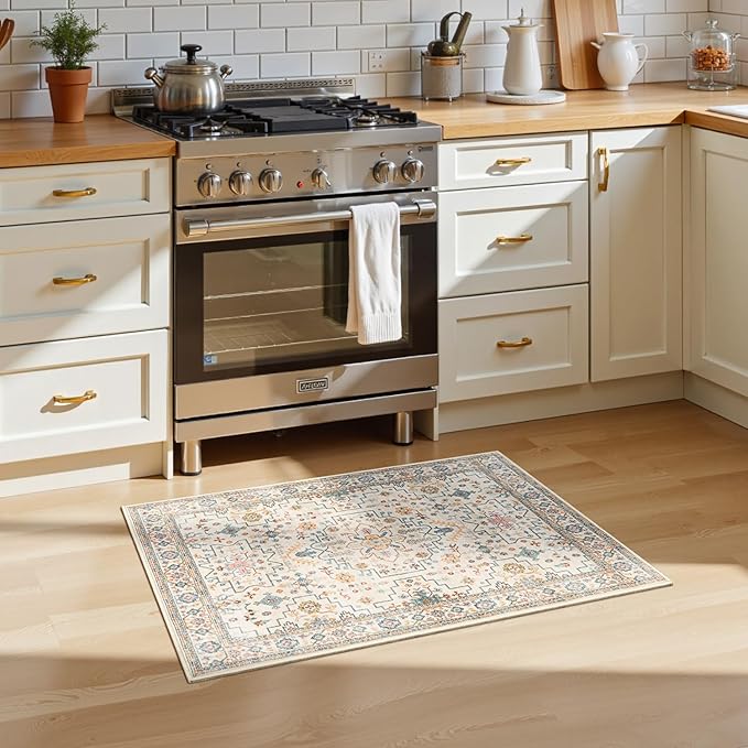 Lessymo Washable Rug for Entryway, 2x3 Kitchen Rugs Non Slip Bathroom Rug, Small Door Mat Indoor Entrance Front Door, Stain Resistant Ashen Charcoal Floral Decor, Multi/Ivory