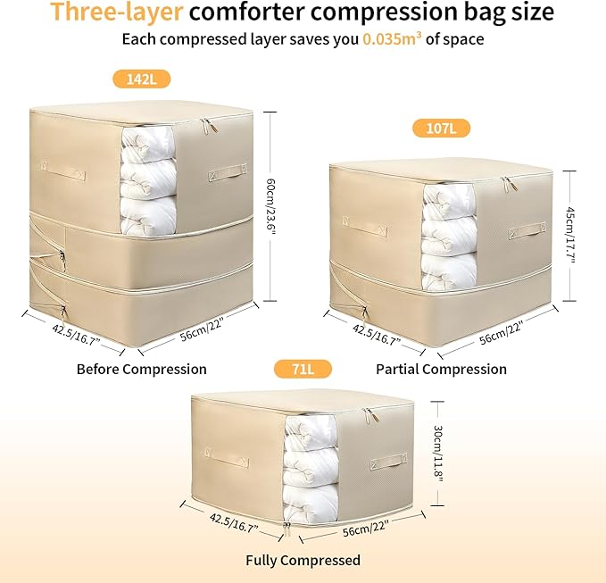 2 Pack Space Saving Comforter Storage Bag with Handle, 3-Layer Compression Blanket Storage Bags Adjustable In 3 Sizes (142L, 107L, 71L), Washable Bedding Organizer For Pillow Duvet Clothing Plush Toy
