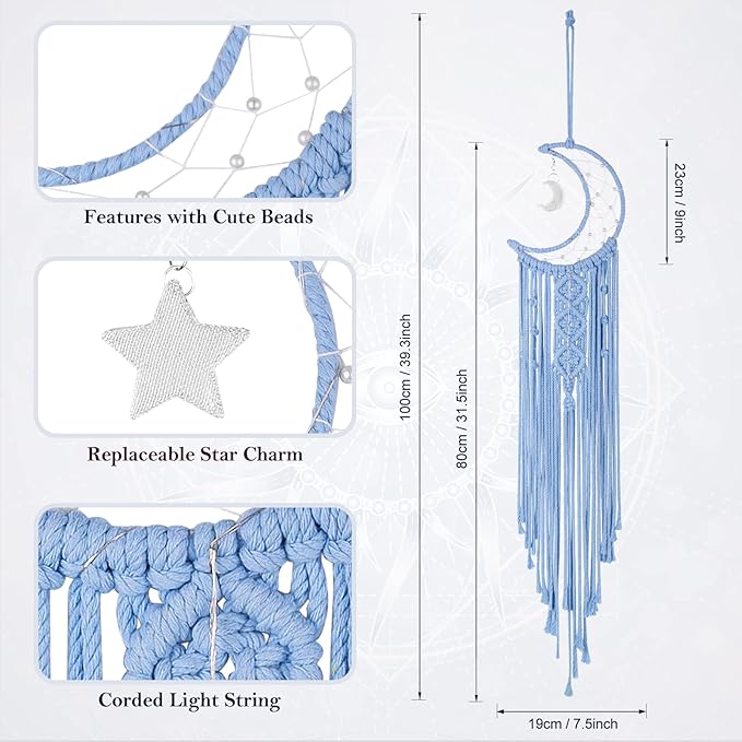 Macrame Moon Dream Catcher for Girl, Blue Boho Crescent Dreamcatcher for Bedroom Adult, Handmade Nursery Room Wall Hanging with Star Pendant for Teen Boy, Bohemian Home Decoration Idea