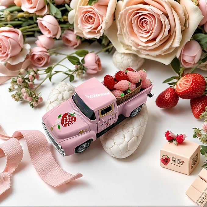 4.9″ Mini Vintage Strawberry Pink Metal Farm Truck Decor with Fake Strawberries, Home Kitchen Centerpieces for Tables Farmhouse Pickup Tiered Tray Stand Decorations, Spring & Christmas Desk Display