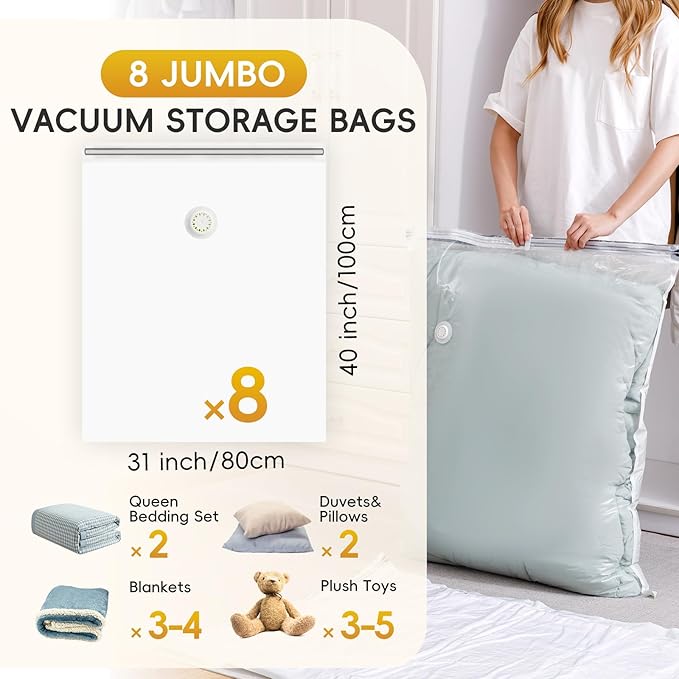 Vacuum Storage Bags - 8 Extra Large Jumbo storage Space Saver Bags (40x31 Inch) for Bedding,Comforters,Blankets,Clothing,Pillows,Jackets,Coats - Vacuum Seal Bags for Home Organization