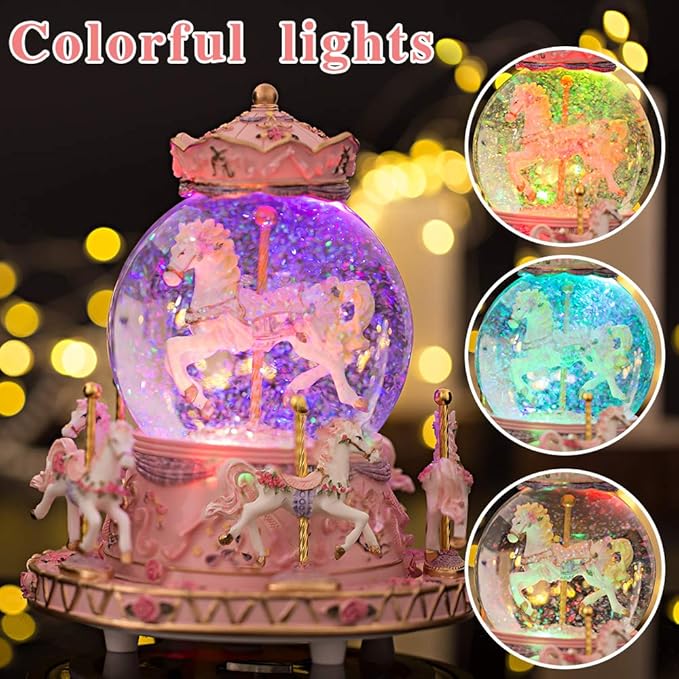 LOVE FOR YOU Gift-Wrapped with Ribbon Musical Snow Globe Carousel Music Box Color Lights Horses Unicorn Decor Gifts for Girls and Daughter Granddaughter Niece Women Kids Christmas Birthday
