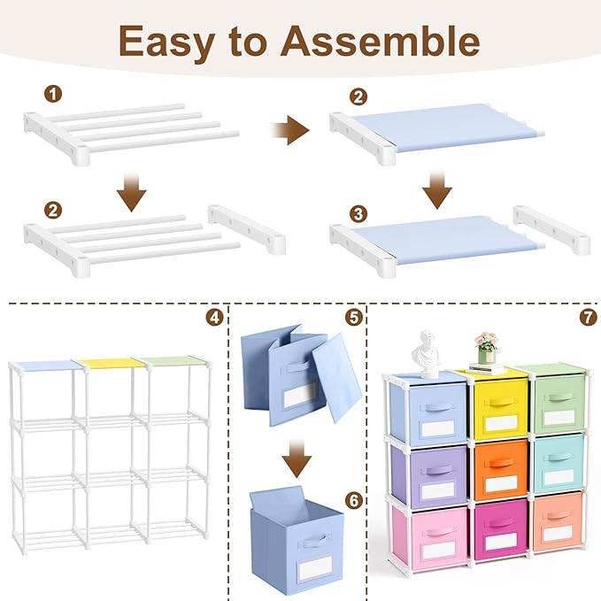 Geelin 9 Cube Toy Storage Organizer with Fabric Bins and Labels, 11 Inch Collapsible Colorful Cubby Storage Drawers Pastel Dresser with Shelf for Playroom Nursery Closet Bedroom Dorm
