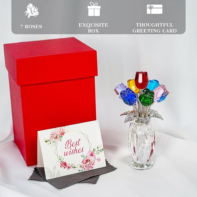 H&D HYALINE & DORA Colorful Crystal Rose Figurine - Rose Flower Gifts for Women - Wedding Party Collectible Figurines - Gift Box Included