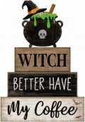 Lineshading 4 Pcs Halloween Table Decoration Witch Coffee Wooden Stacked Block Decor, "Witch Better Have My Coffee" Sign with Cauldron Topper, Gothic Halloween Tiered Tray Decor for Home Kitchen Bar
