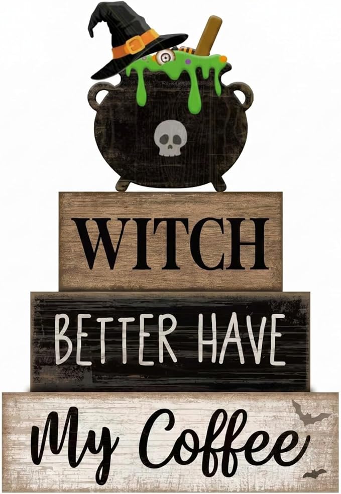 Lineshading 4 Pcs Halloween Table Decoration Witch Coffee Wooden Stacked Block Decor, "Witch Better Have My Coffee" Sign with Cauldron Topper, Gothic Halloween Tiered Tray Decor for Home Kitchen Bar