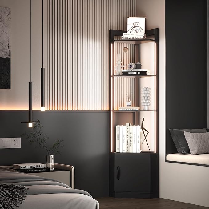 5-Tier Corner Shelf with RGB LED Light, 65" Tall Display Cabinet with Storage, Remote & APP Control, Adjustable Brightness/Color Temp, Floor Lamp with Shelves for Living Room Bedroom (Black)