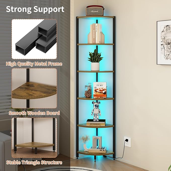 6-Tier Corner Shelf with LED Lights - 65" Tall Narrow Bookshelf, Standing Shelf with Storage Rack, Sturdy Metal Frame & Waterproof Shelves, Rustic Brown, for Living Room/Bedroom/Bathroom
