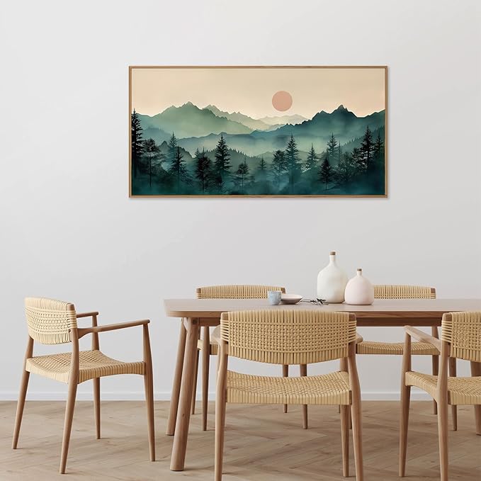 SIGNINART Large Boho Mountain Framed Canvas Wall Art, Nature Pine Tree Wall Painting, Abstract Foggy Forest Wall Decor, Modern Sunrise Art Prints for Bedroom Living Room and Office 20"x40"