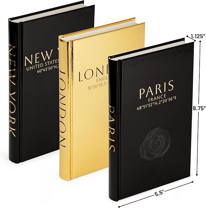Decorative Books for Home Decor – Decorative Hardcover Display Faux Books for Bookshelf – Black and Gold Foiled Decor Books for Coffee Table – Fashion Designer Books Decor Set of 3 (Black and Gold)