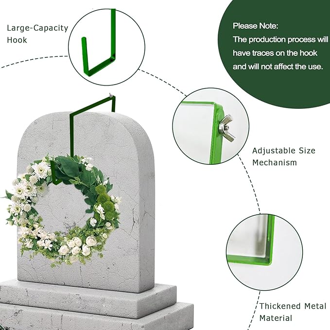 Wreath Stands for Cemetery Adjustable Wreath Hangers for Front Door Headstone Decorations for Cemetery Over The Door Hooks for Cemetery Halloween, Christmas 2 Pack