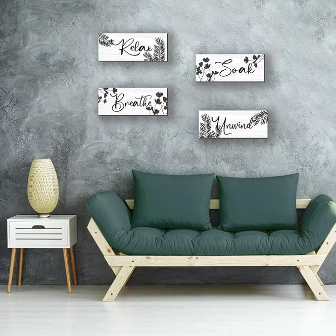 4 Pcs Farmhouse Bathroom Wall Decors Relax Soak Unwind Breathe Wooden Word Sign Black Hanging Wall Art Rustic Office Wall Decor for Bedroom Living Room Vintage Decorations(Black Leaves 10X4 Inch)