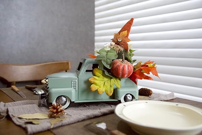 Vintage Turquoise Metal Truck with Gnomes Pumpkin Maple Leaf Farmhouse Table Top Fall Decor, Autumn Themed Thanksgiving Old Pickup Truck Decorations for Home Table Shelf, 12 inch