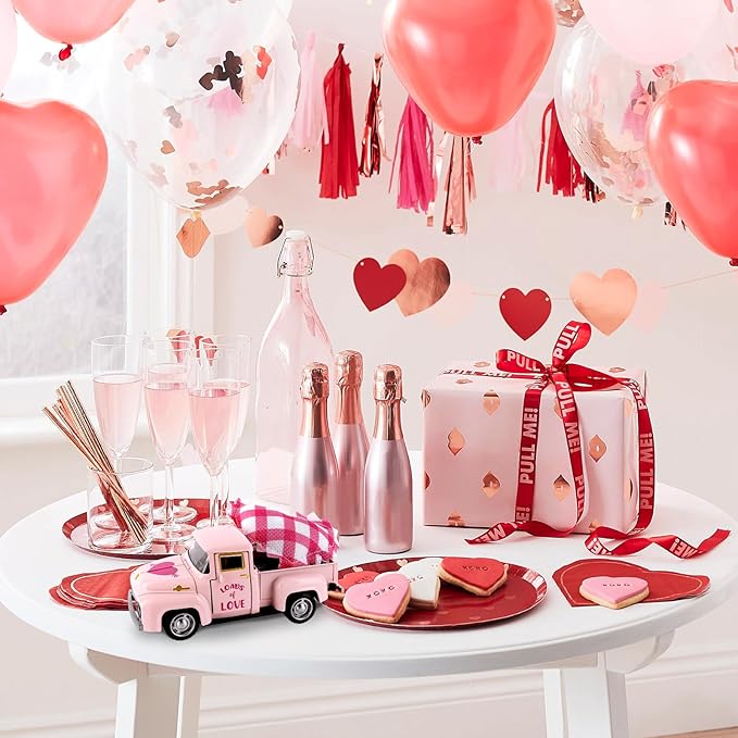 Valentine's Day Mini Metal Truck Romantic Love Model with Pink Hearts Vintage Metal Farm Pickup Truck Farmhouse Tiered Tray Decor for Farmhouse Shelf Kitchen Table Home Decor