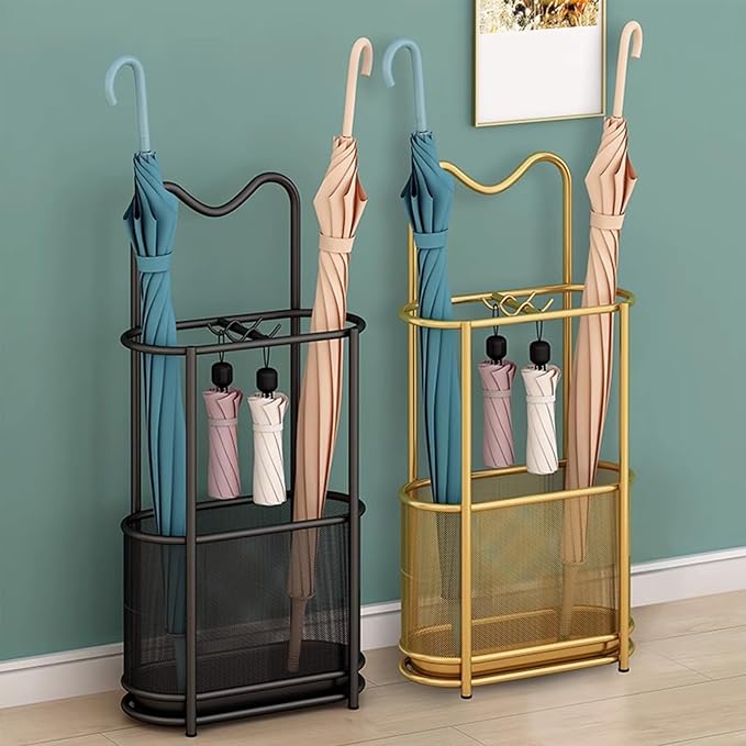 Metal Umbrella Holder Stand,Freestanding Umbrella Holder with Hooks and Drip Tray, Space Saving Umbrella Stand Rack Organizer for Entryway Home Office Patio Decor(30x15x60cm(12x6x24inch), Gold)