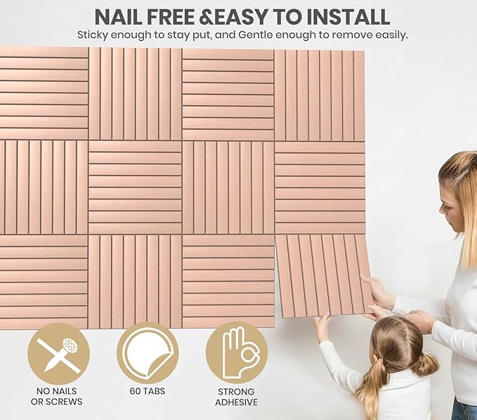 Large Cork Board Alternative 48” X 36” Felt Bulletin Board Tiles, with 30 Pushpins, 60 Adhesive Tabs,12-Pack Slat Wall Paneling, Cork Boards for Office Push Pin Board Felt Board - Pink