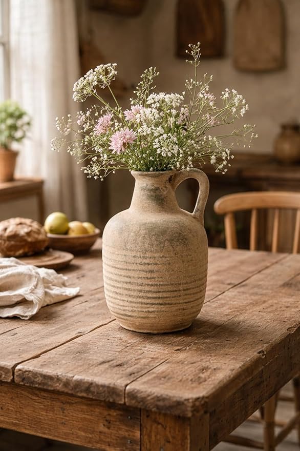 SIDUCAL Rustic Ceramic Farmhouse Flower Vase with 1 Handle-Height 8.43" Terracotta Vase, Unique Textured Pottery Flower Vases for Home Decor, Table, Wedding, Living Room, Shelf Decor, Terra