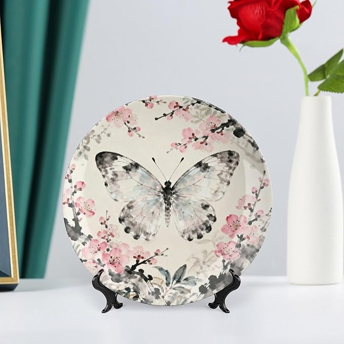 Customize Gifts Plates Ceramic, William Morris Pink Floral And Butterflies Porcelain Dessert Plate Set Household with Display Stand, Rustic Decor for Kitchen Art Decoration Festival, 6", 7", 8", 10"