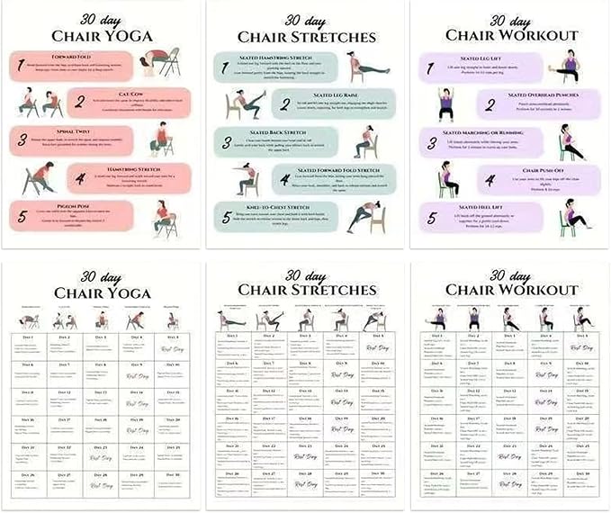 Chair Yoga Program - 30-Day Workout Set | 6-Piece Exercise Kit with Instruction Book, Ideal for Morning Routine Travel Gym Beginners Family Friends Sports Athletes Body Flexibility Strength Building