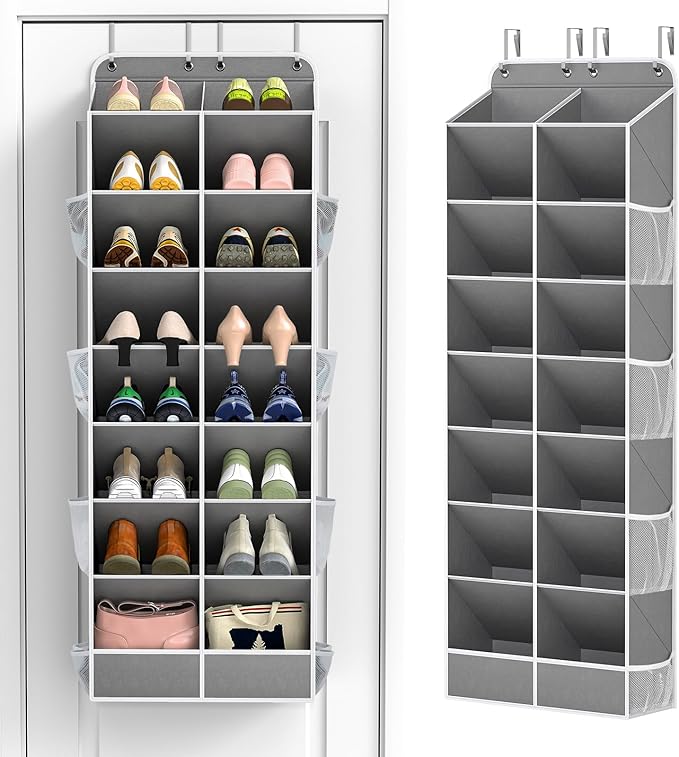 Yecaye 8 Tier Over the Door Shoe Organizer of Deep 16 Compartments, 50lbs Load Shoe Rack for Door in Oxford Holds 16-24 Pairs, Stain-Resistant Hanging Shoe Organizer for Closet, Grey
