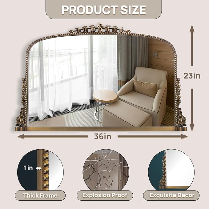 Vintage Baroque Arched Mirror - Traditional Ornate Antique Brass Wood Frame - 36"X23" - Ideal for Entryway, Fireplace, Living Room, Hallway, Bathroom
