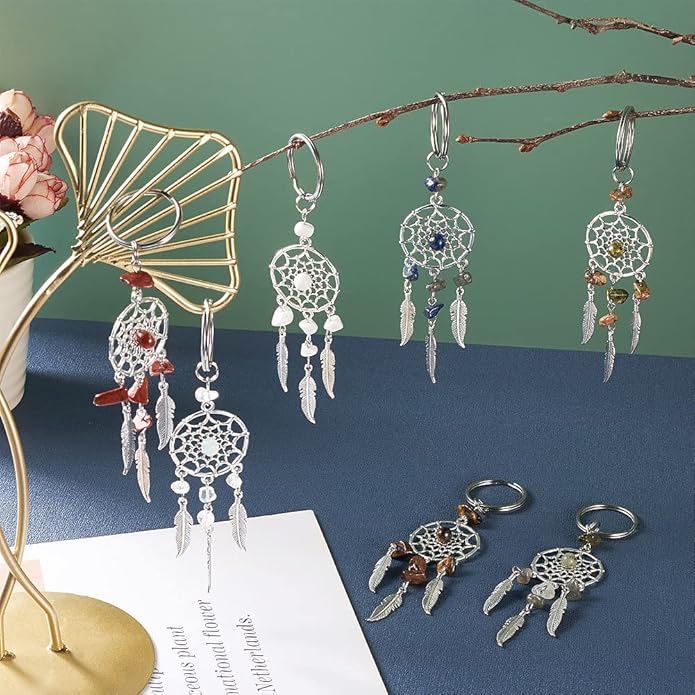 Pandahall 16Pcs Dream Catcher Crystal Charms for Keychains, Antique Silver Bohemia Net Feather Filigree Charms Hanging Ornament Decor for Car Keying Hanging Decoration Birthday Gifts
