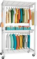 FUTASSI P1 Heavy Duty Garment Rack, 3 Tiers Adjustable Rolling Metal Closet Organizer with Lockable Wheels, FreeStanding Wardrobe with Double Hanger Rods & 1 Pair Hooks, Max Load 450 LBS, White