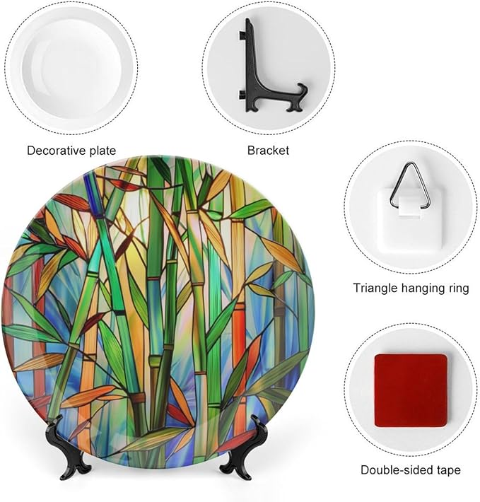Stained Glass Theme Decorative Ceramic Plate Round Porcelain Plate,7 inch,Bamboo Pattern,for Decorative Ornaments Giving Plates, 1 Plate with 1 Display Stand,Green Blue Orange