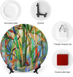 Stained Glass Theme Decorative Ceramic Plate Round Porcelain Plate,6 inch,Bamboo Pattern,for Decorative Ornaments Giving Plates, 1 Plate with 1 Display Stand,Green Blue Orange