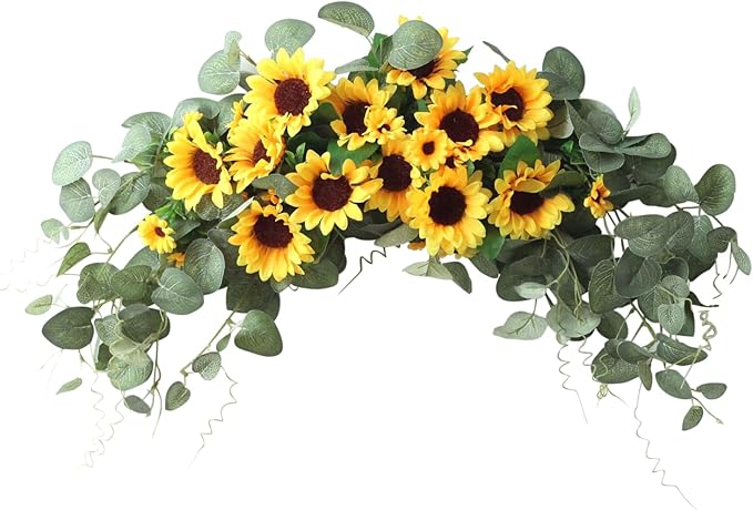 Artificial Sunflower Swag,Handmade Floral Garland Decorative Swag with Green Leaves,Handmade Floral Wreath Decorative Sunflower Wreath,Hanging Arch Garland