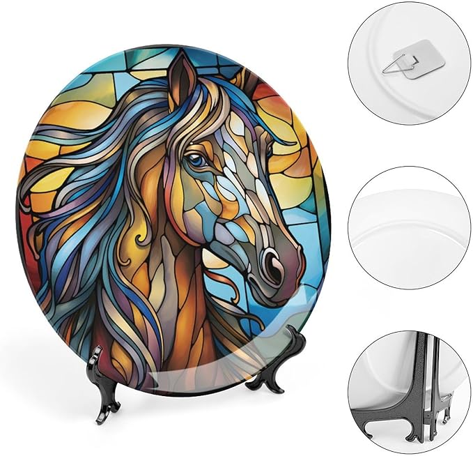 Decorative Plates for Home Decor, Horse Abstract Stained Glass Painting Decor Tray for Table Display, Ceramic Dinner Plate W/Stand, Living Room Dining Room Decor, Gifts for Horse Lover, 8 Inch
