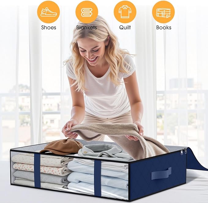 StorageRight Under Bed Storage Bags 2 Pack, 40L Large Clothes & Comforter Storage Containers with Clear Window, Breathable Fabric Organizer for Blankets, Bedding, Seasonal Clothing, Blue