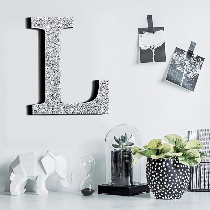 Qunclay 12'' Silver Crystal Diamond Bling Letters Crushed Diamond Decoration Wooden Glitter Letter with Screw and Hooks Rhinestone Gift for Wedding Y2k Mcbling Bedroom Wall Decor (Letter L)