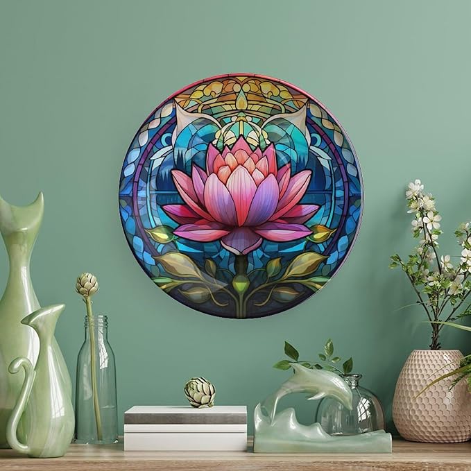 Decorative Plates, Boho Water Lily Stained Glass Print Display Plate for Home Office Kitchen Table Decor Porcelain Plates 6 Inch, Gifts for Lotus Lover