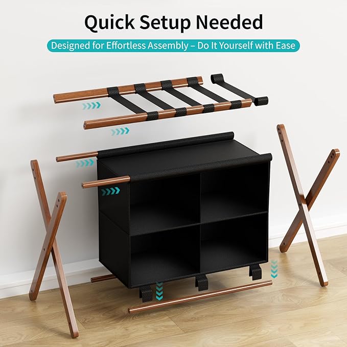 Bamboo Luggage Rack 2 Pack with 4 Storage Compartments, Foldable Suitcase Stand for Guest Room, 150lbs Capacity, Sturdy, Space-Saving and Easy to Assemble Organizer