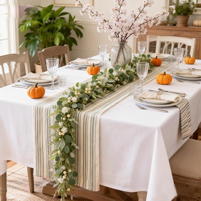 70-inch Summer Garland Green Eucalyptus Leaves with White Fruits Thorns Garland Spring Summer Vine for Front Door Fireplace Dining Table Home Decor, Wedding Arch Party Festival Decor