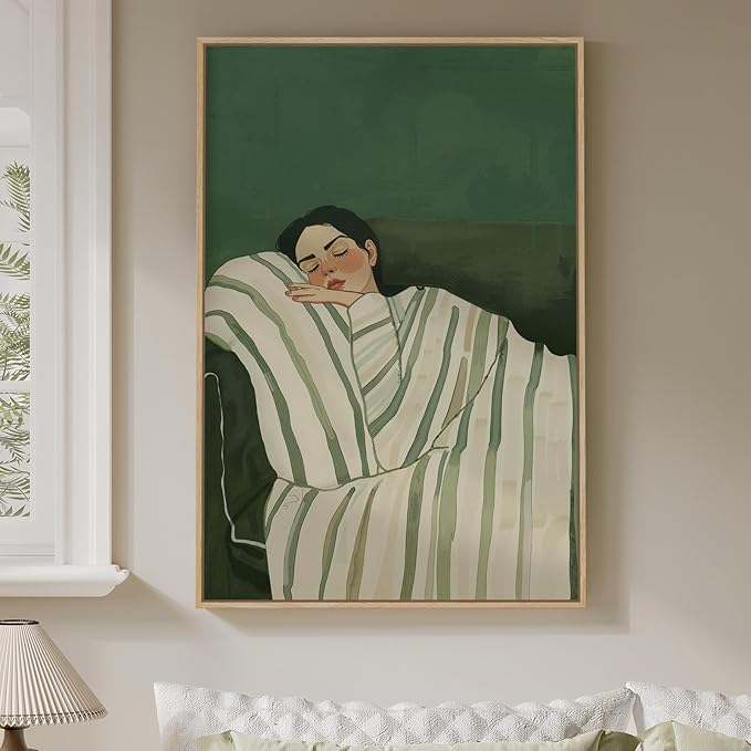 Framed Woman Bedroom Wall Art, Large Cozy Woman Canvas Painting for Room Decor, Relaxing Minimalist Artwork for Walls, Green Picture Print for Nursery Guest Room Hallway Wall Art Decor, 24x36 Inch