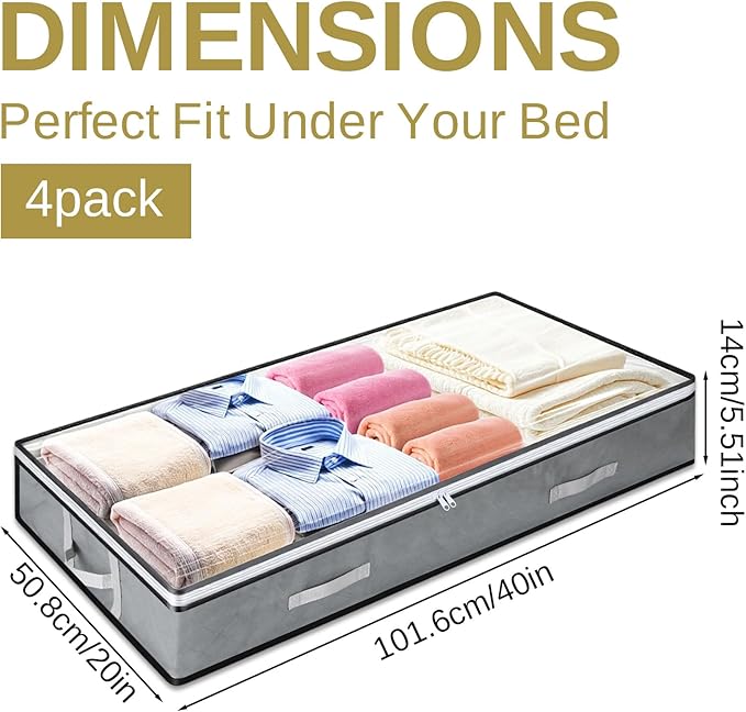 4 Pack 5.5 Inches High Under Bed Storage Containers, Low Profile Under Bed Storage Containers, Foldable Underbed Bag Stackable Closet Organizers for Blankets Clothing Comforter Wrapping Paper