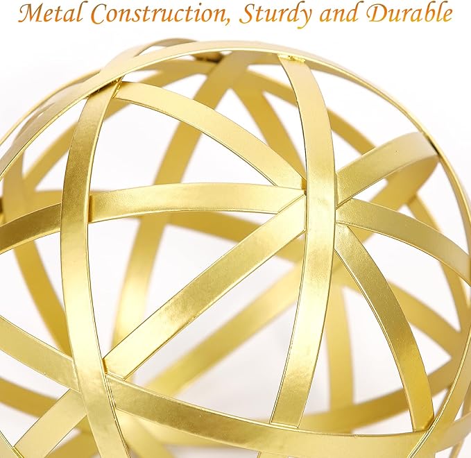 Gold Decorative Sphere, Metal Coffee Table Decor Sculpture, Modern Home Decor Accent for Tabletop, Centerpiece, Shelf Display- Elegant Metal Sphere Decor with Luxury Golden Finish