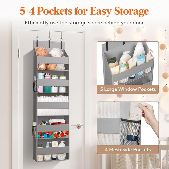 Lifewit 1 Pack Over the Door Organizer, Clear Window Hanging Storage with 4 Side Pockets, Anti Tilt 40 lbs Load Behind Door for Pantry, Nursery, Bathroom, Bedroom, Dorm, 5 Section, Light Gray