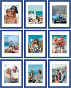 Vittanly 11x14 Picture Frames Set of 9, Shatter Resistant Plexiglass, Display 8x10 Pictures with Mat or 11x14 without Mat, Photo Frames for Wall or Tabletop, Engineered Wood, Blue