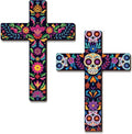 Pinkunn 2 Pcs Mexican Cross Wall Decor Floral Day of The Dead Decoration Hand Painted Wood Wall Art Dia De Muertos Altar Decorations Spanish Cross Decor for Home(Sugar Skeleton)