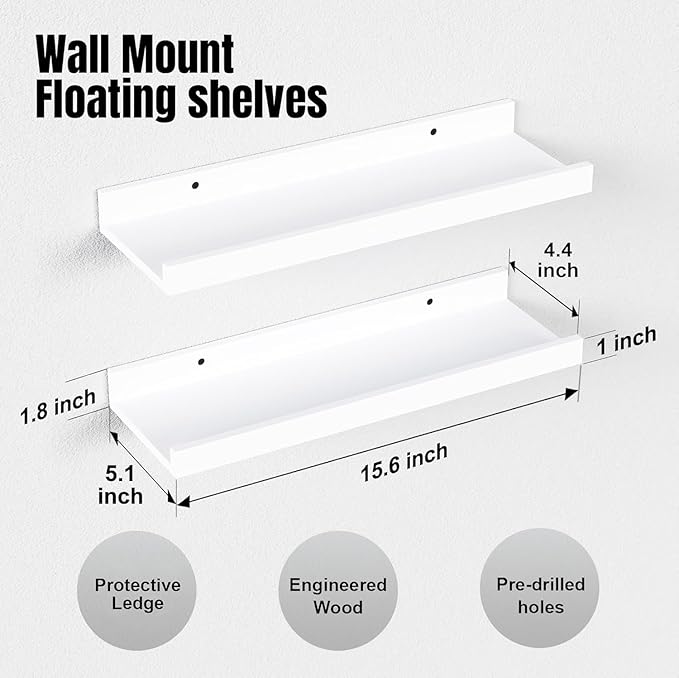 RICHER HOUSE 5 Set White Floating Shelves, Wall Mounted Shelves for Wall Decor, Modern Picture Ledge Shelf with Lip for Storage Nursery, Bedroom, Living Room, Bathroom - White