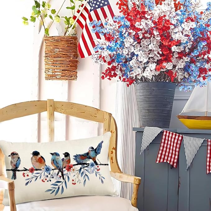 RABUSOFA 4th of July Memorial Day Patriotic Lumbar Throw Pillow Cover,12x20 Inch Red White and Blue Birds Flowers Independence Day American Fourth of July Decoration for Sofa Couch