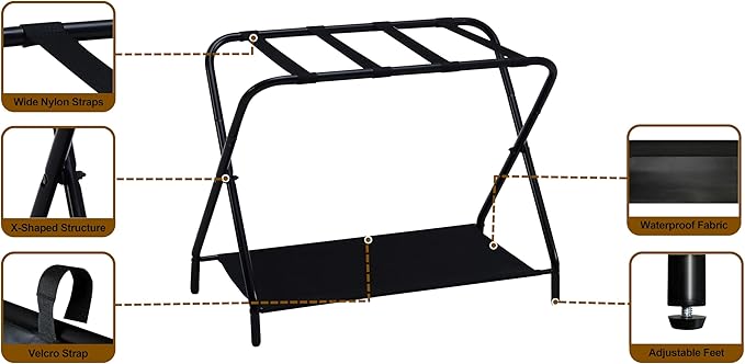 Kings Brand Furniture Shanon Folding Luggage Rack - Suitcase Stand With Storage Shelf - Folding Luggage Rack for Guest Room and Bedroom - Sturdy Portable and Stylish Metal Suitcase Stand - Black