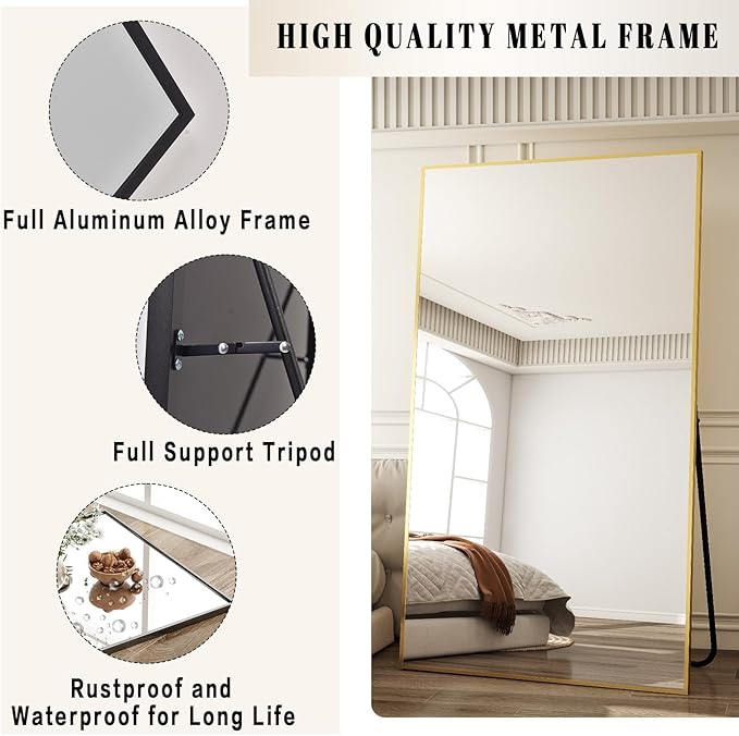 BEAUTYPEAK 71"x36" Rectangle Full Body Floor Mirrors, Full Length Mirror Hanging or Leaning, Aluminum Alloy Frame Wall Mirror for Bedroom, Dressing Room, Gold
